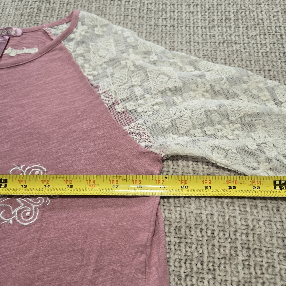 Pink and Cream Long Sleeve Top with Cross Design Lace Sleeves Size Medium - Picture 5 of 5